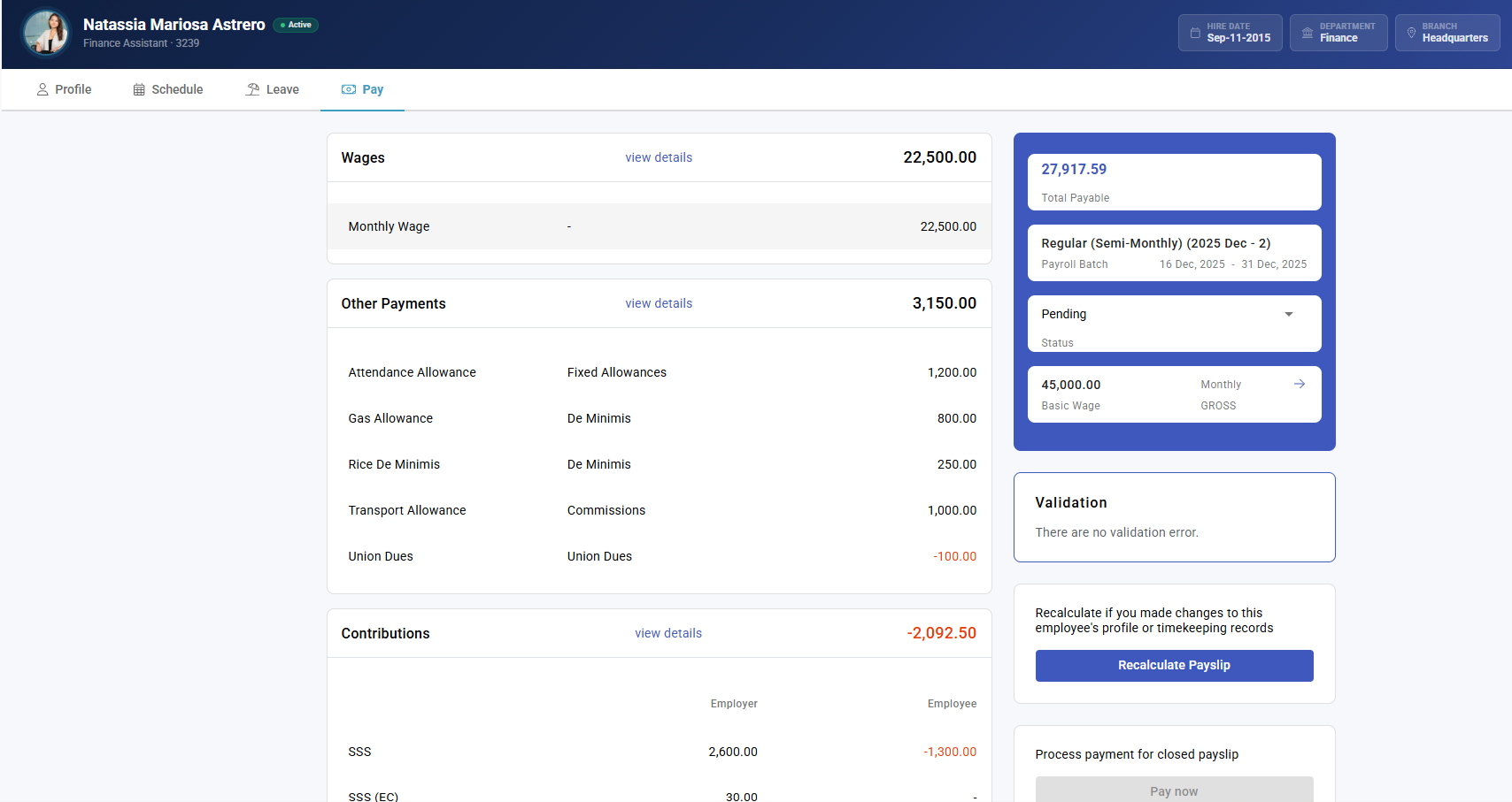 calculating a single payslip - screenshot 2