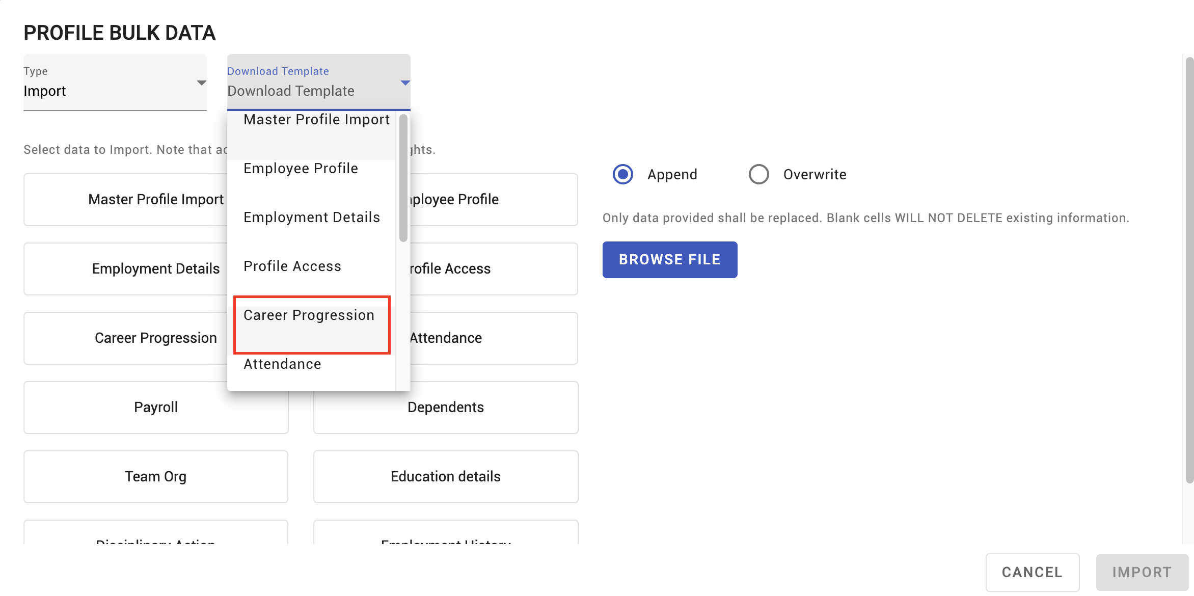 importing career progression data - screenshot 1