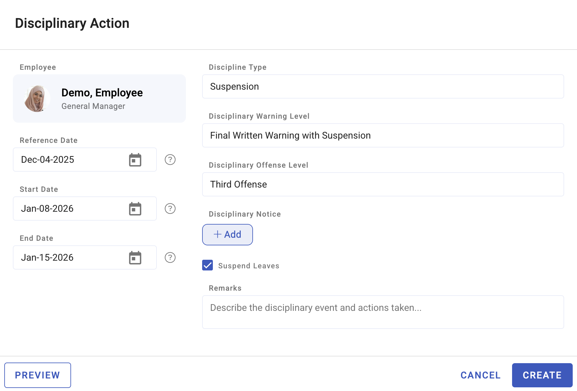 logging and managing disciplinary actions - screenshot 2