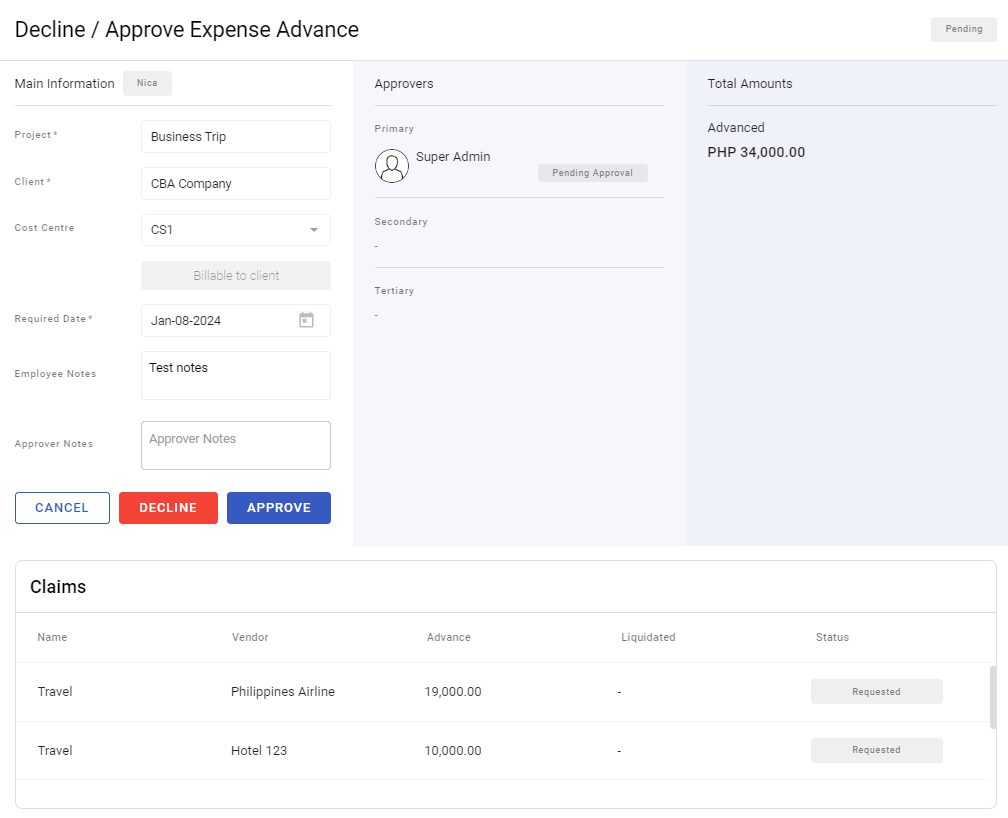managing advances - screenshot 2