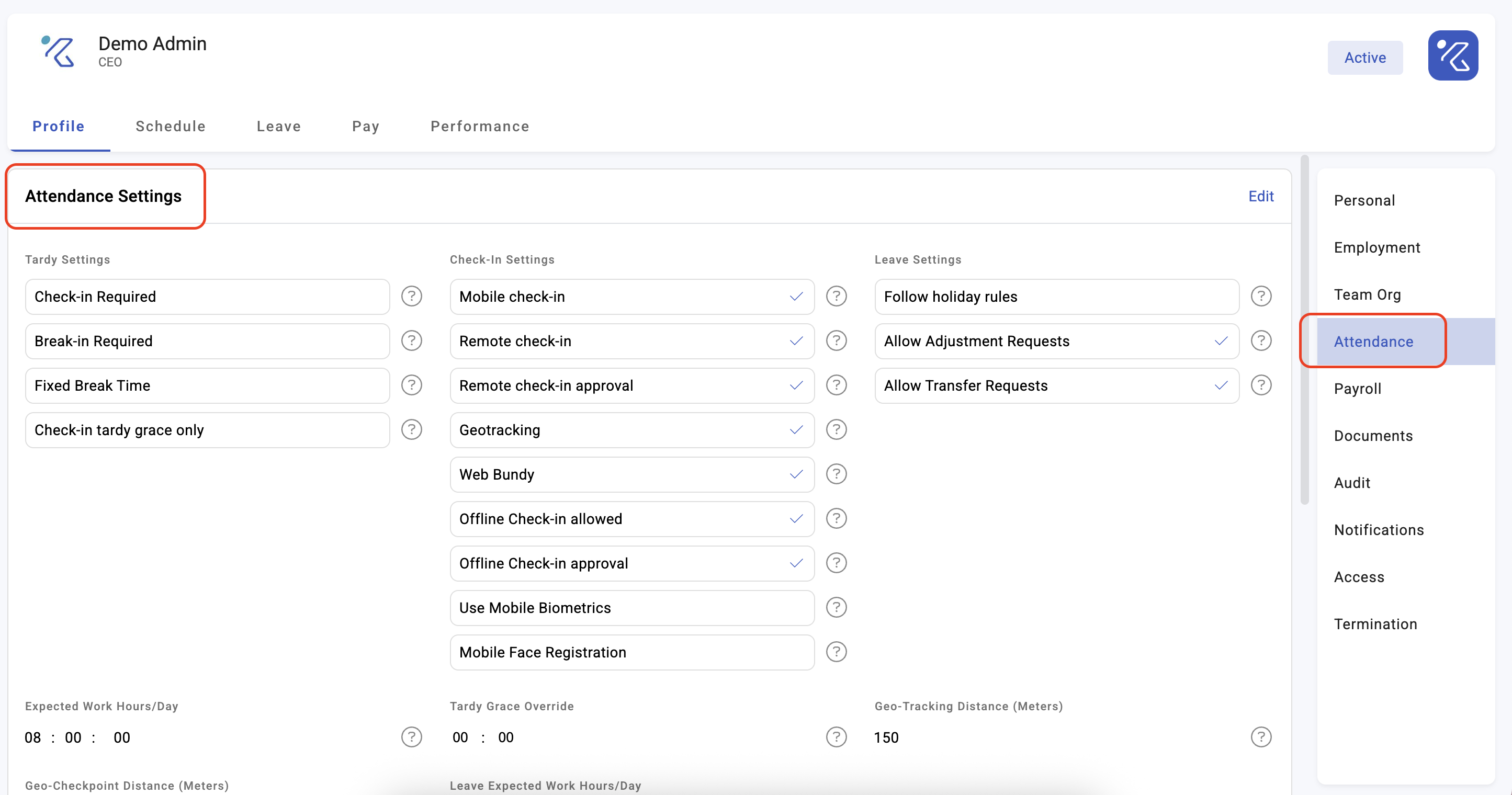 attendance settings on an employee profile - screenshot 1