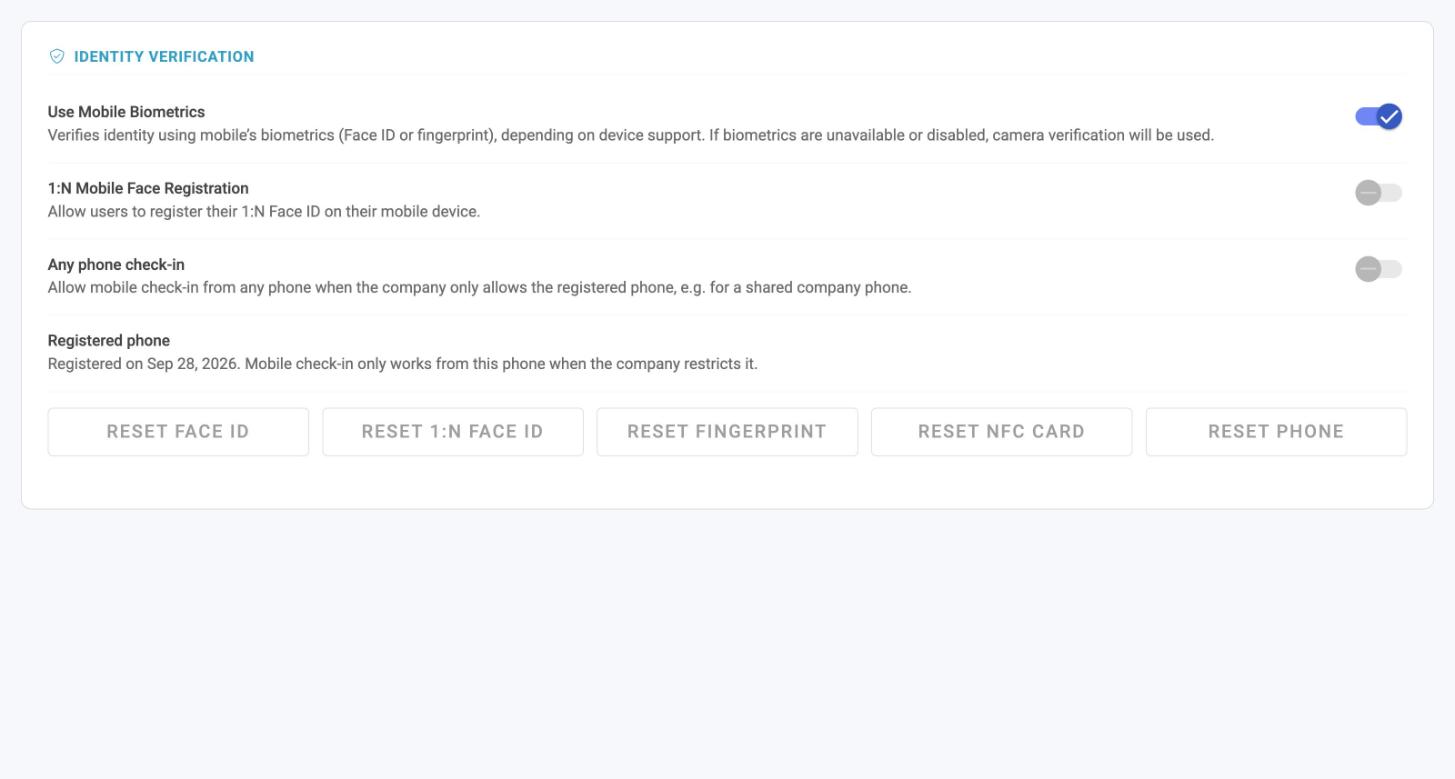 The Identity verification group on an employee's Attendance page, showing Any phone check-in, the Registered phone line and the Reset Phone button