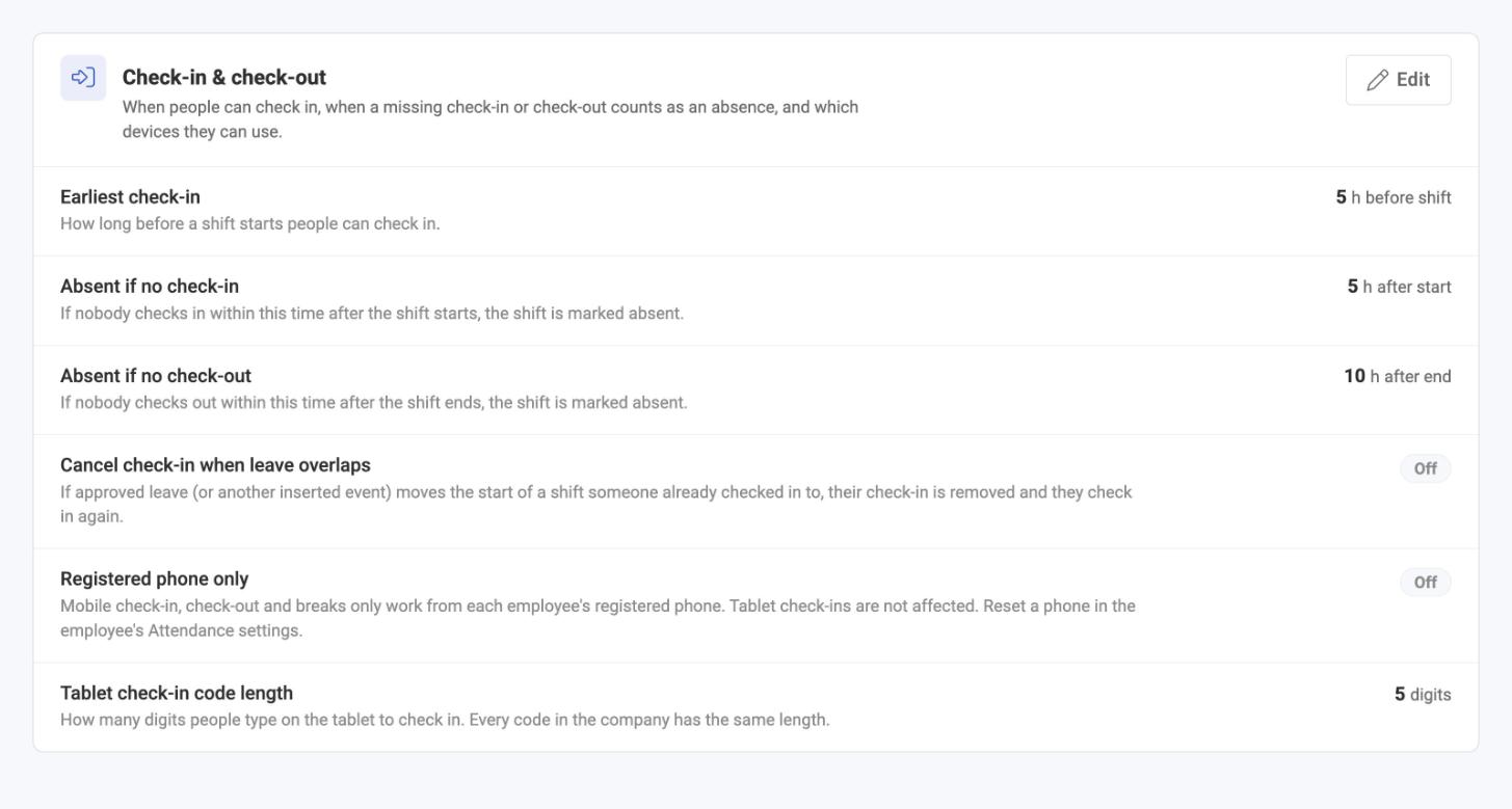 The Check-in & check-out section of Attendance Rules, showing the Registered phone only setting switched Off