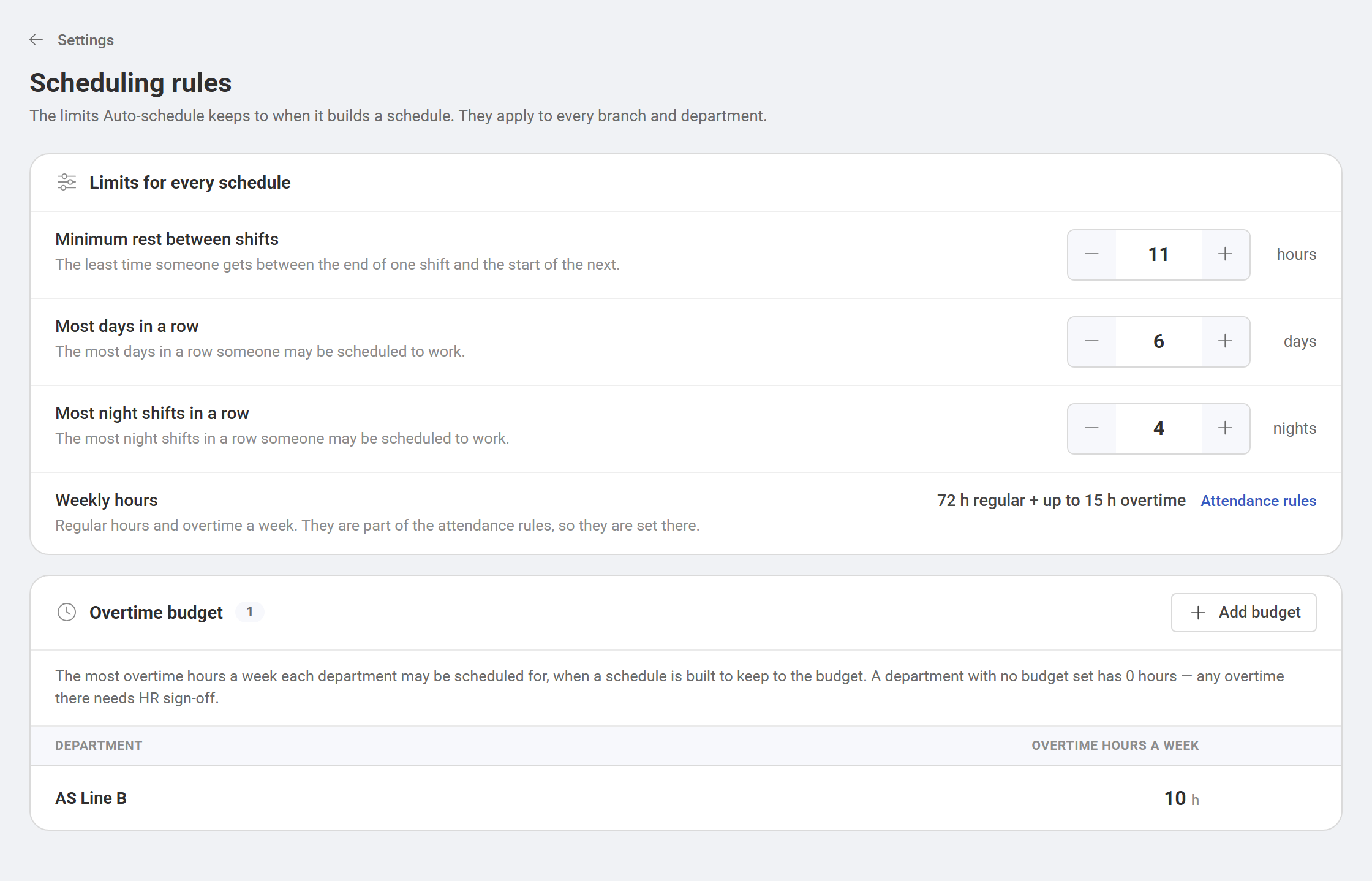 The Scheduling rules page: minimum rest, most days in a row and most night shifts in a row