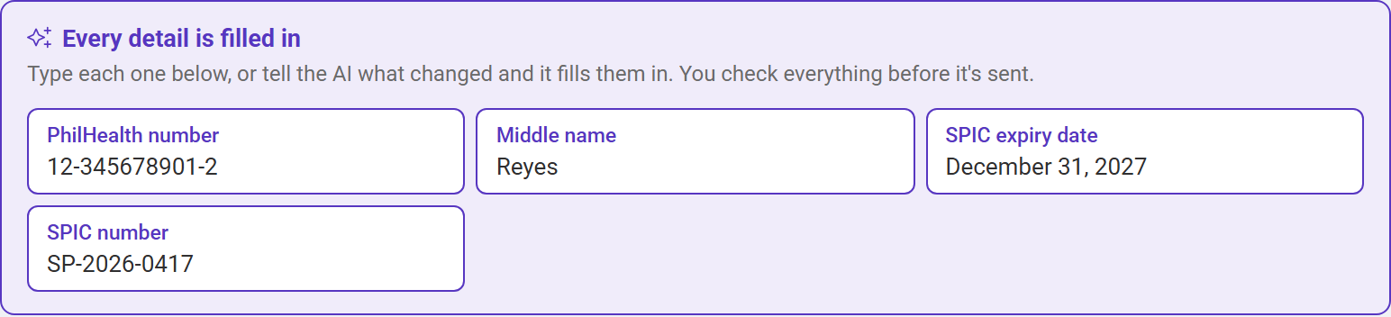 Four missing details filled in by AI from one line, shown in purple