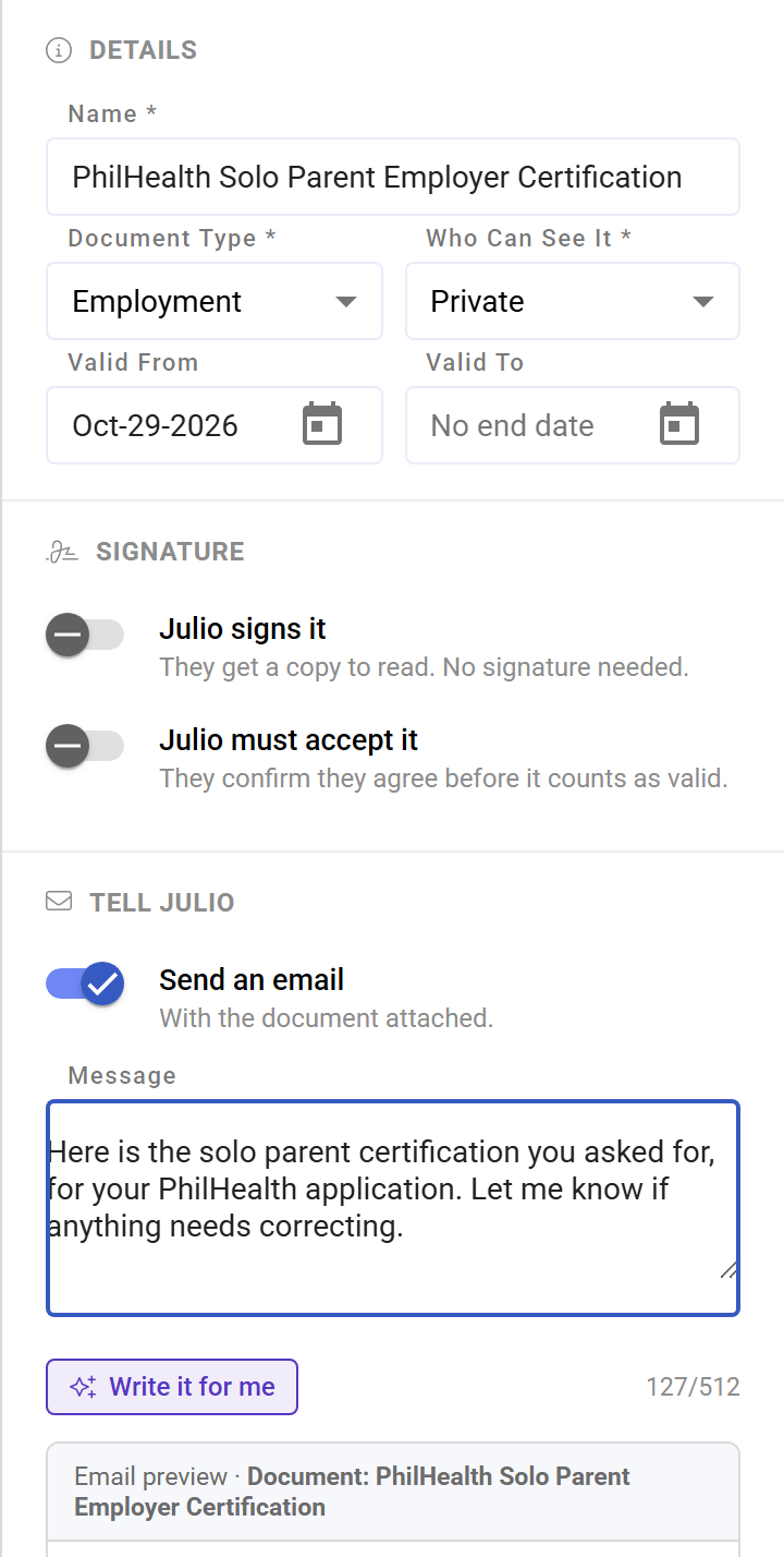 The right-hand panel with Send an email on, a personal message and the email preview