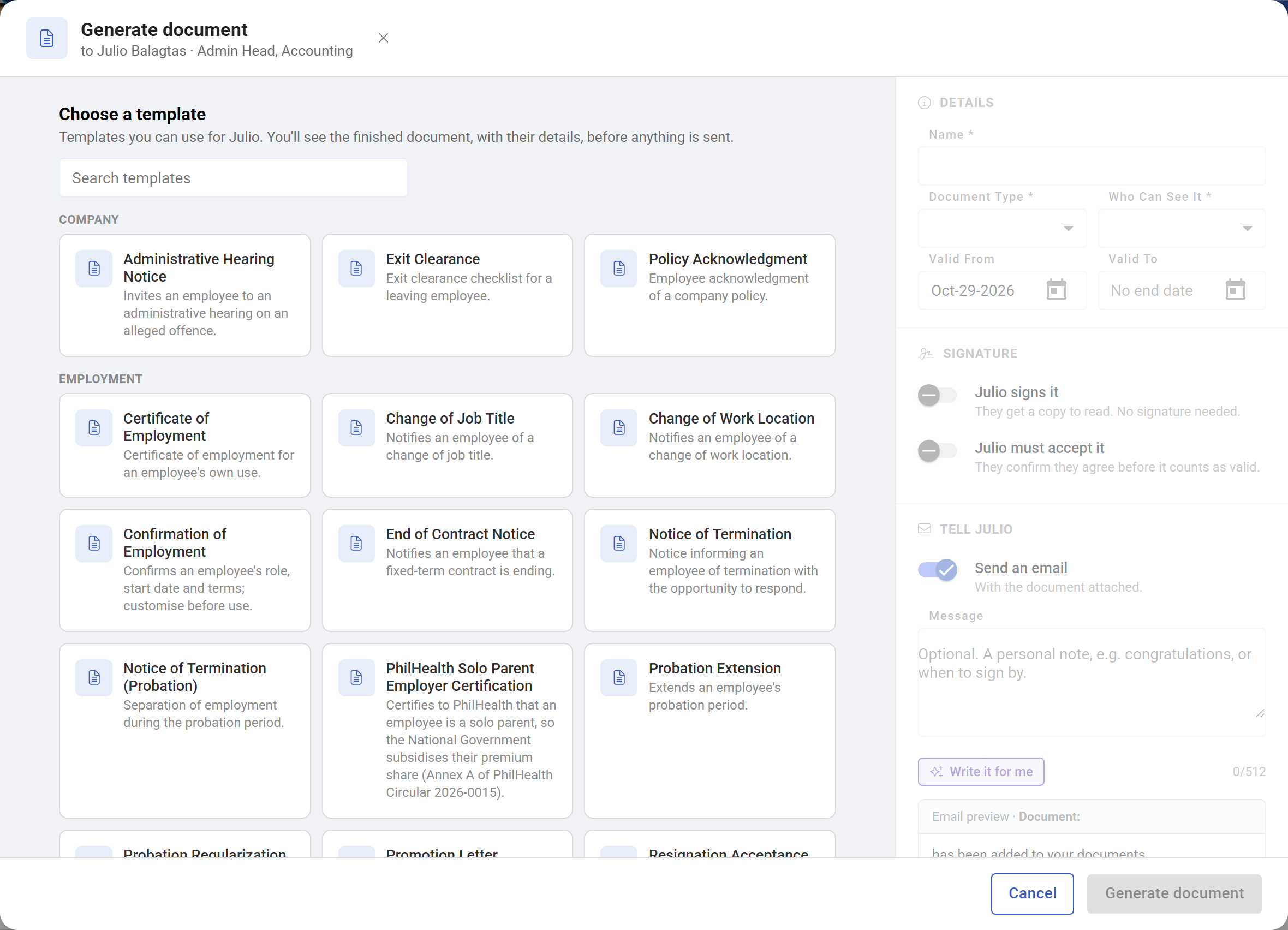 The Generate document dialog with templates grouped by type, and the details panel on the right