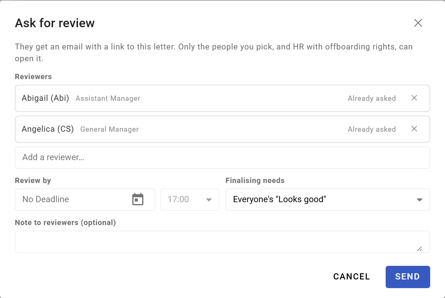Ask for review: the reviewers, a review-by date, what finalising needs and a note