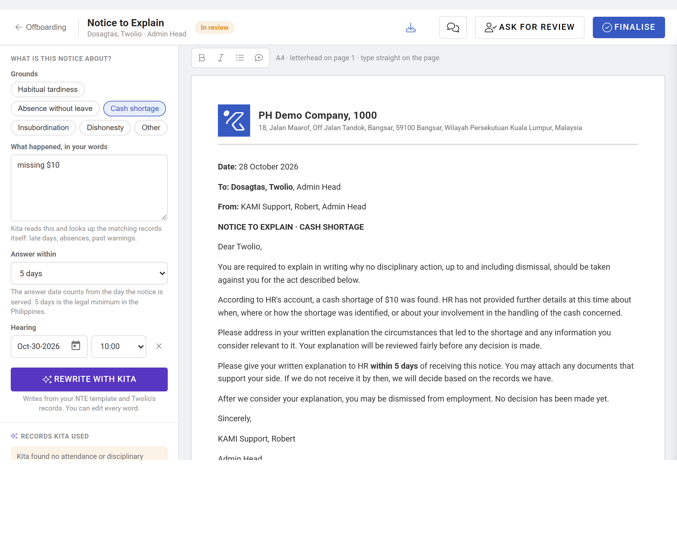 The Notice to Explain editor: grounds and description on the left, the letter on letterhead