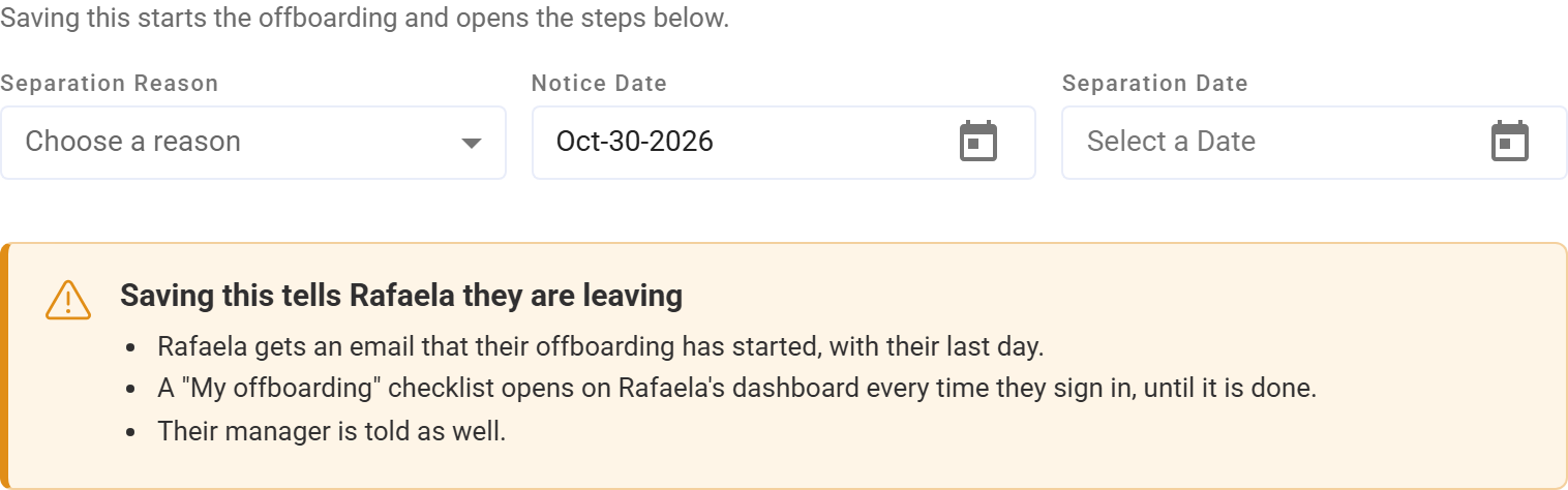 Separation reason & dates, with the warning that saving tells the employee they are leaving