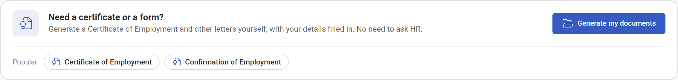 The Need a certificate or a form? card with the Generate my documents button and popular certificates