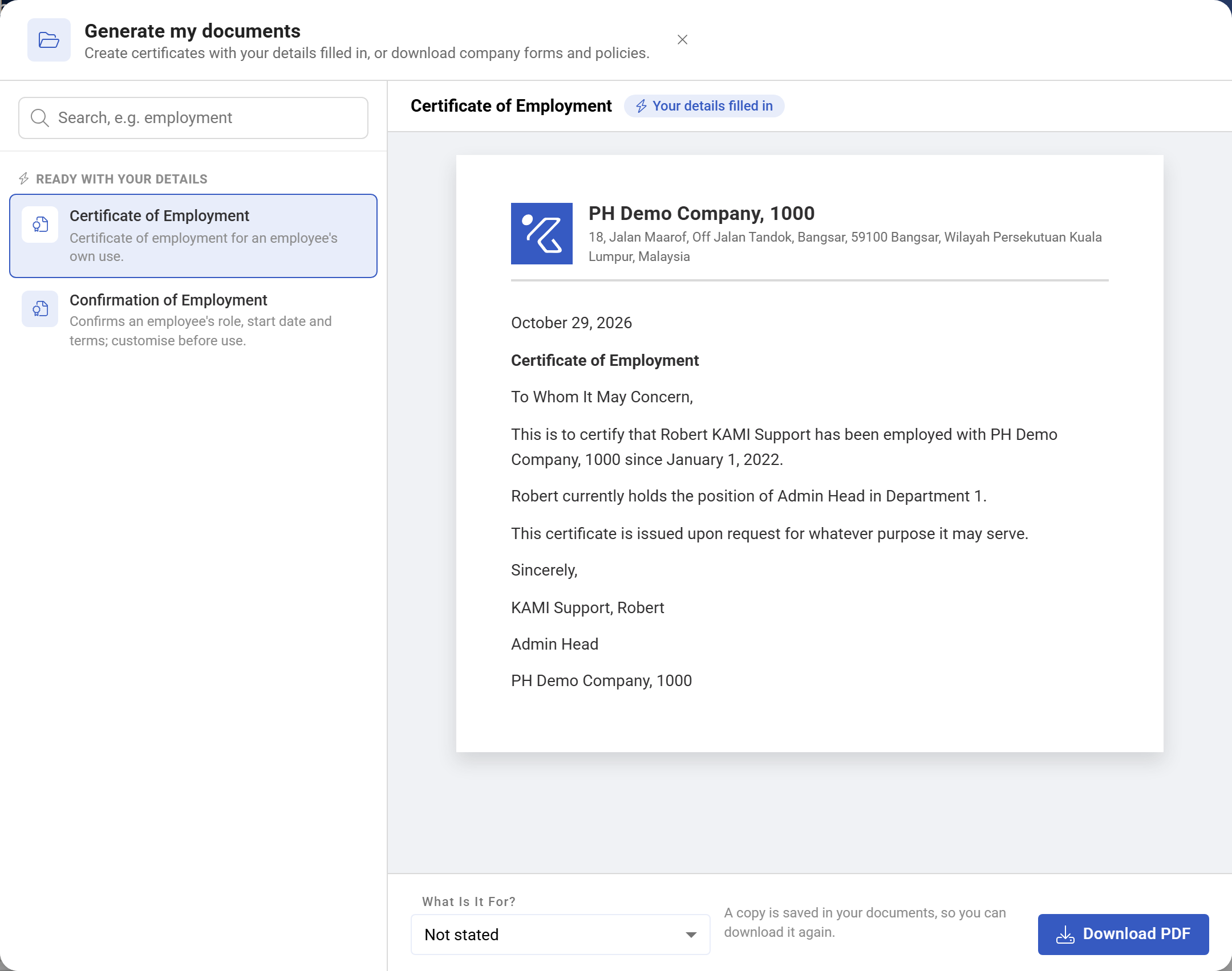 The Generate my documents window previewing a Certificate of Employment with the employee's details filled in