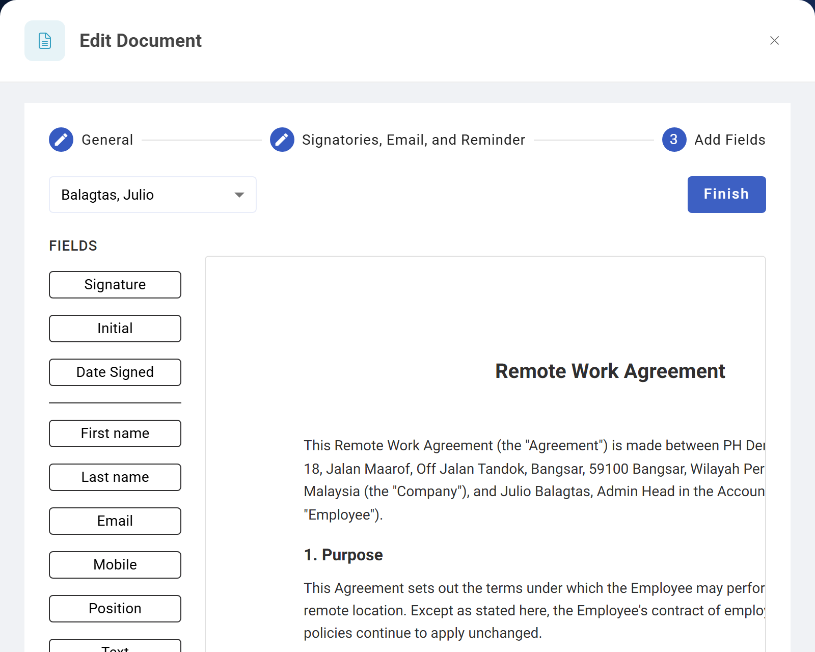 The Add Fields step showing the document and the fields a signatory can add