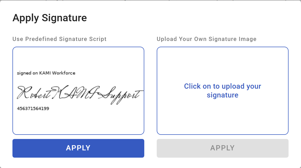 The Apply Signature dialog with a ready-made signature and an upload option