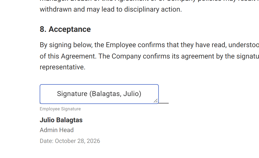 The employee's signature box already placed on the Employee Signature line