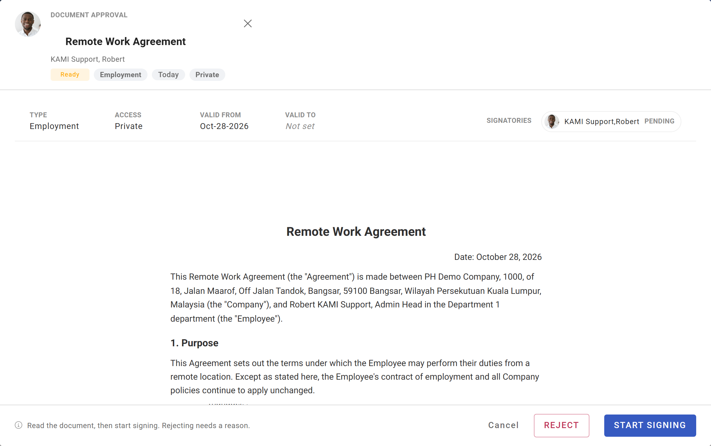 The employee's view of the document, with Start signing in the footer