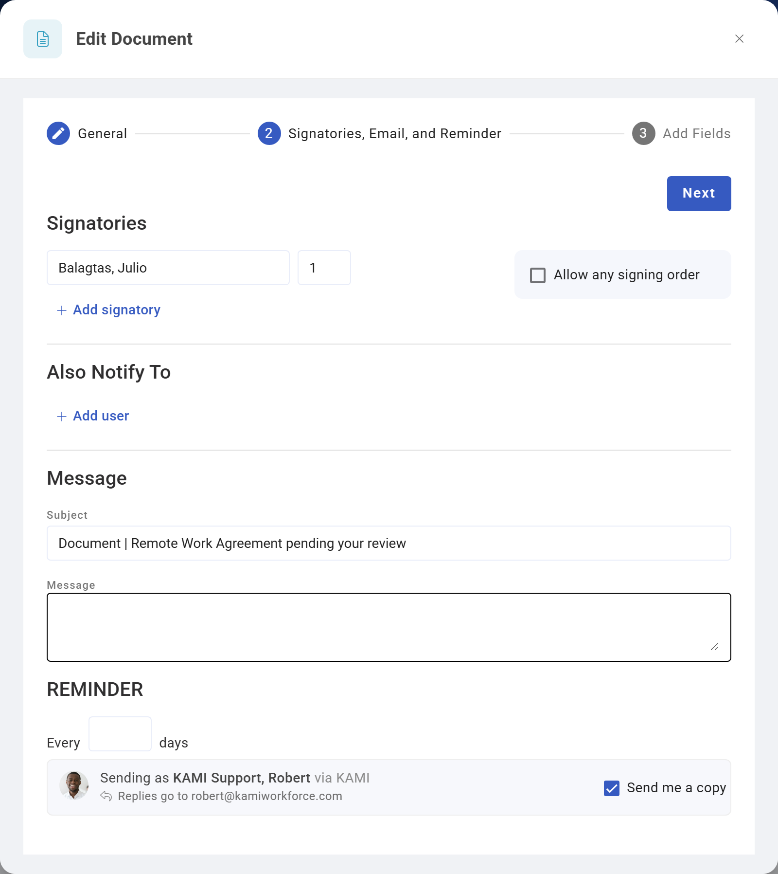 The Signatories, Email, and Reminder step with the employee as first signatory